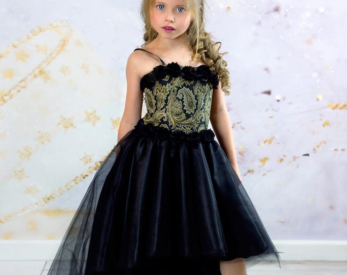Girls Haute Couture Dress - Black and Gold Corset Dress - Pageant Gown - High Low Party Dress - Fascinator Hat - Flower Girl Dress 3t to 10