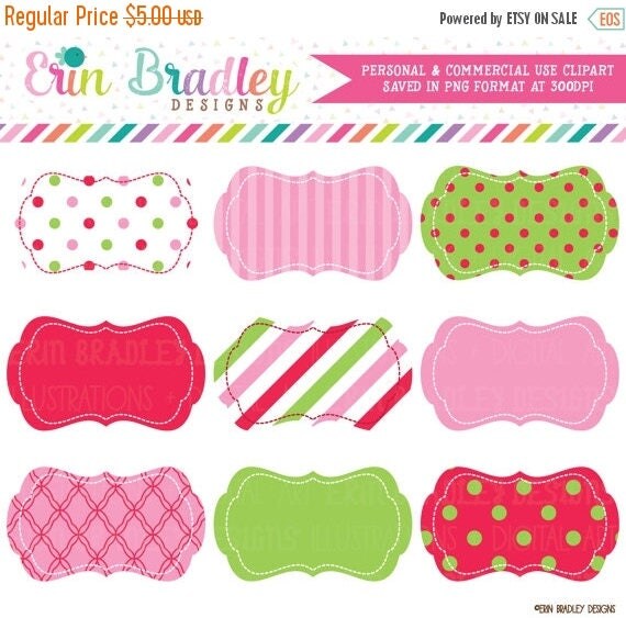 50% OFF SALE Commercial Use Christmas Tags Clipart Pink Red Green Polka Dots and Stripes Digital Clip Art Frames Il_570xn