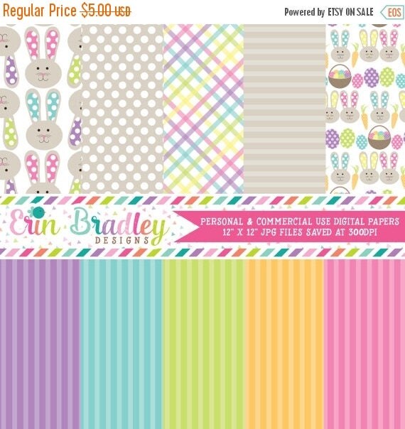 80% OFF SALE Easter Digital Paper Pack Bunnies Eggs and Stripes Commercial Use & Instant Download Il_570xn