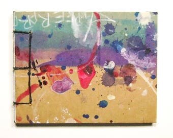Artist's Mini Sketchbook, Aqua, Purple and Red, Stab Bound with Up Cycled Materials and Hand Painted Cover