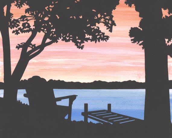 Adirondack Sunset Wall Art Paper Cut Art Lake Dock Scene 8X10