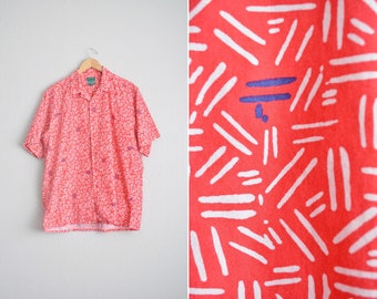 Size XL // PATTERNED SHIRT // Red & White - Short Sleeve - Button-Up - Print - Fun - Casual - Izod - Vintage '90s.