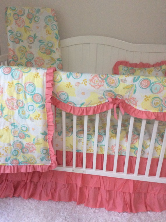 Baby Girl Crib Bedding Set Coral Blush Pink Peach Aqua Teal