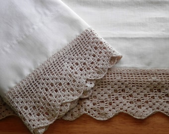Hand-Stitched Pillowcases, Filet Edging, all in Natural Tone