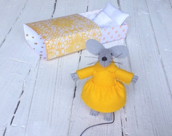 Tiny animal plush stuffed animals felt playset tiny felt mouse in a matchbox yellow miniature bed woodland critters woods collectible dolls