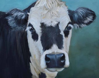 Original Oil Painting Black And White Faced Cow Ms Venus,Farmhouse Chic, Country Home Decor,Canvas Painting By Cheri Wollenberg