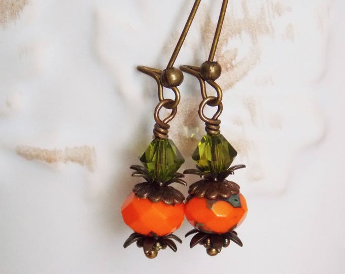 Orange Pumpkin Earrings Fall Earrings Long Czech Glass Swarovski Olive Green Earrings Cute Pumpkin Earrings Festive Fall Earrings