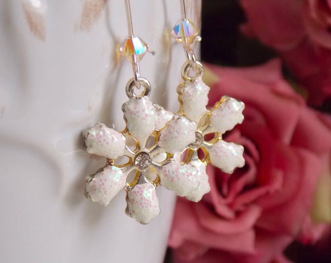 Snowflake Earrings, Holiday Jewelry, Christmas Earrings, Winter Jewelry, Glass Enamel Glitter Shimmer Earrings, Festive Jewelry