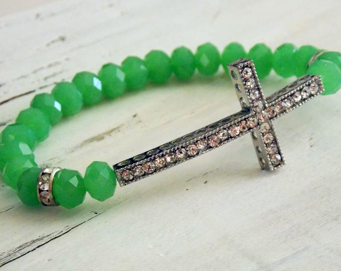 Sideways Cross Bracelet-Opaque Green Glass Beaded Bracelet- Rhinestone Cross Bracelet- Stretch Bracelet- Stacking Layering Jewelry