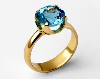 CUP Blue Topaz Engagement Ring, 14k Gold Blue Topaz Ring, Swiss Blue Topaz Ring, Statement Ring