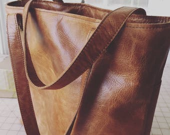 Distressed Leather Tote Bag in medium brown leather with pockets outside and inside leather bag handmade leather tote