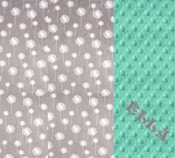 Dandelion Blanket / Minky Baby Blanket Girl, Mint Gray Personalized Baby Blanket - Dandelion Blanket Stroller Blanket / Flower Blanket