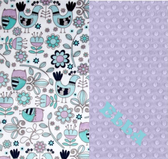 Baby Blanket, Personalized Minky Baby Blanket Girl Gray Lavender Aqua Owl Birds - Nursery Decor / Mint Baby Blanket / Name Baby Blanket