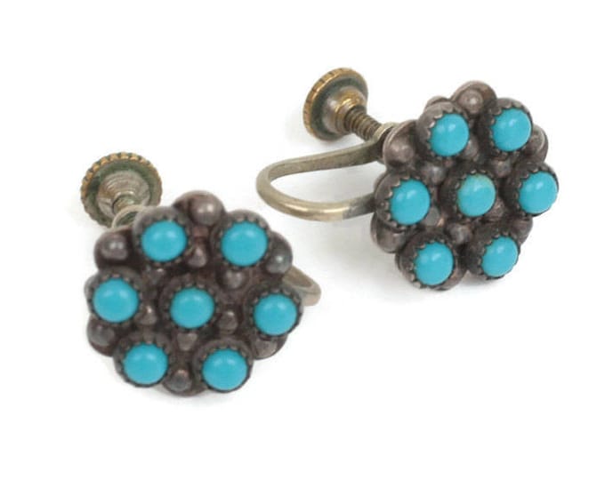 Sterling and Turquoise Bead Earrings Screw Back Native American Zuni Style