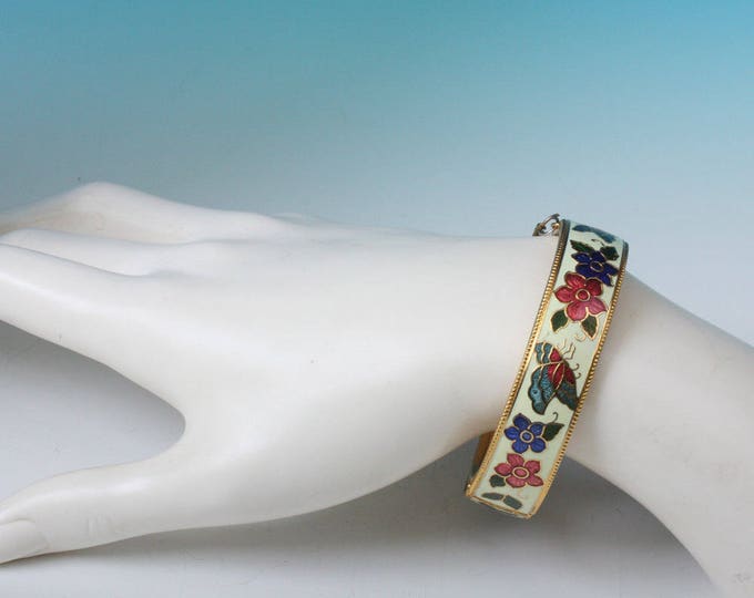 Butterflies and Flowers Enameled Bangle Bracelet Vintage