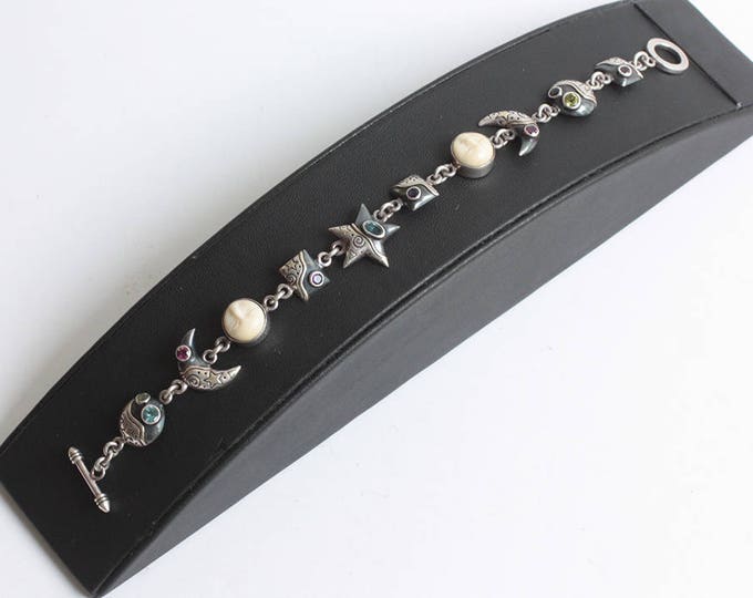 Celestial Theme Gemstone Sterling Bracelet Moon Face Links Stars Vintage