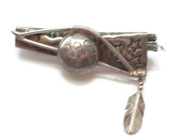 Native American Brooch Hunting Bow and Quiver of Arrows Sterling Silver Symbols Stars Feather Vintage