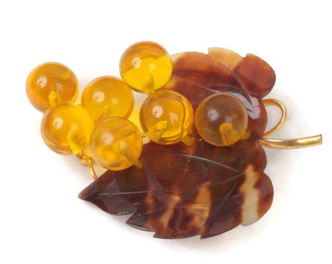 Grape Cluster Brooch Faux Tortoiseshell Lucite Plastic Vintage