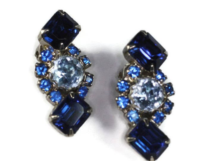 Blue Rhinestone Earrings Dark and Light Blue Clip Style Vintage