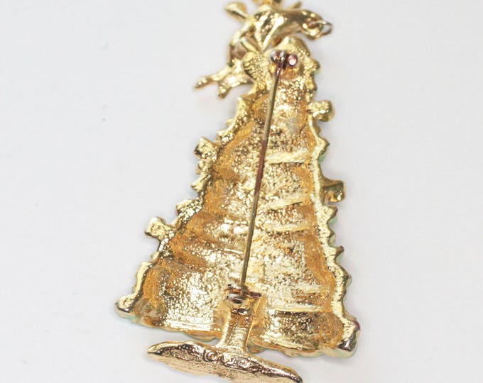 Enameled Christmas Tree Pin Angel with Star Dangle Vintage Holiday Jewelry Signed AJC