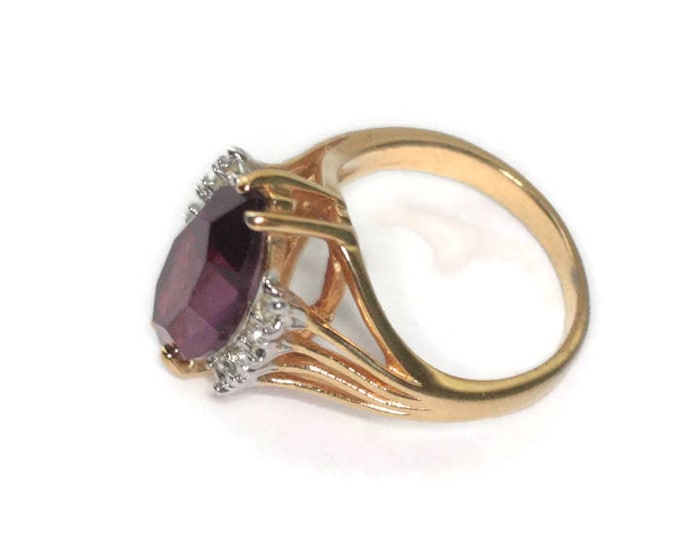 Amethyst Glass and Clear Stones Ring Marquise Stone 18KGE Statement Ring Size 8 Vintage