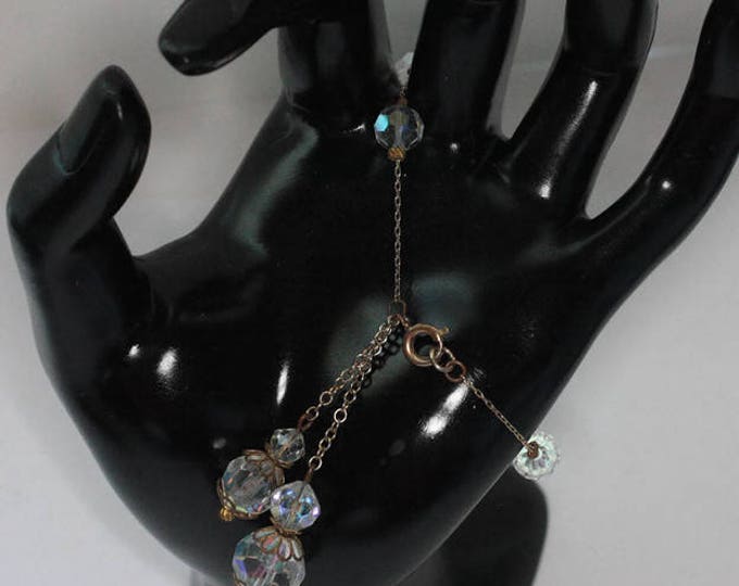 Aurora Borealis Crystal Bead Stations Bracelet Fine Gold Tone Metal Chain Dangles Vintage