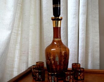 Vintage Bohemian Art Glass Decanter Set Amber 7 Cordial Cups Gold Floral Trim Czech Glass Mid Century