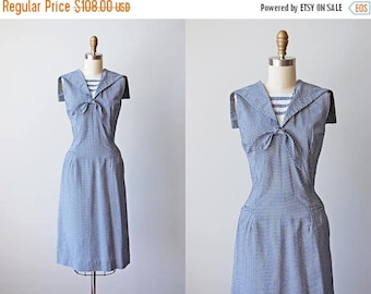 ON SALE 1950s Sailor Dress - Vintage 50s Navy Blue Gingham Cotton Blend Wiggle Dress M L - Port Heuneme Dress