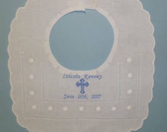 Personalized Bib Christening Bib Baptism Bib Embroidered Linen Bib with Name Date and Cross