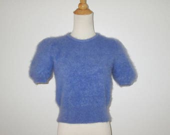 Vintage Blue Angora Pullover Short Sleeve Sweater - Size XS, S