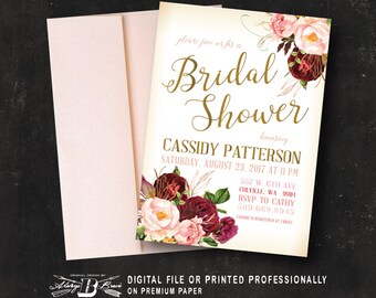 Vintage Floral Bridal Shower Invitation | Marsala Blush Gold Pink | Printed Invitation | Printable Digital File | Boho Bridal Invitation