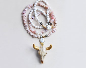 Longhorn Necklace, Bison Necklace, Gold Longhorn, Pink Opal Necklace, Opal Necklace, Statement Necklace, Animal Necklace, Festival Necklace