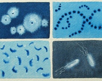 Blue Microbes - original watercolor painting of microbes