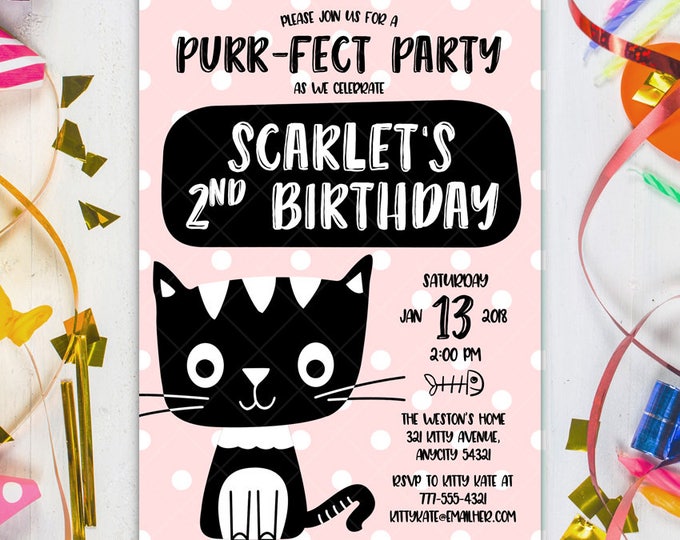 Cute Kitty Cat Birthday Party Invitation, Kitty Birthday Invitation, Cat Birthday Party, Cool Cute Kitty Purr-fect Party Invitation v.2