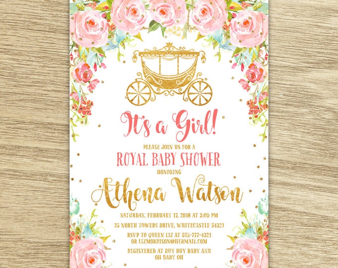 Sweet Floral It's a Girl Royal Baby Shower Invitation, Watercolor Pink Flowers With Carriage Baby Princess Baby Shower Printable Invitation