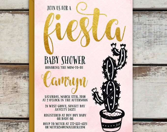 Fiesta Cactus Baby Shower Invitation, Black and White and Gold or Colored Modern Printable Invitation