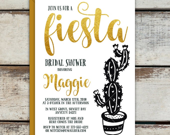 Fiesta Cactus Bridal Shower Bachelorette Hens Invitation, Black and White and Gold or Colored Modern Printable Invitation