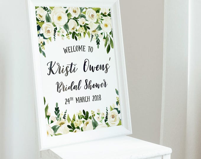 White Floral Welcome Party Sign, Dainty White Roses Floral Baby Shower Bridal Shower Any Occasion Printable Welcome Party Sign