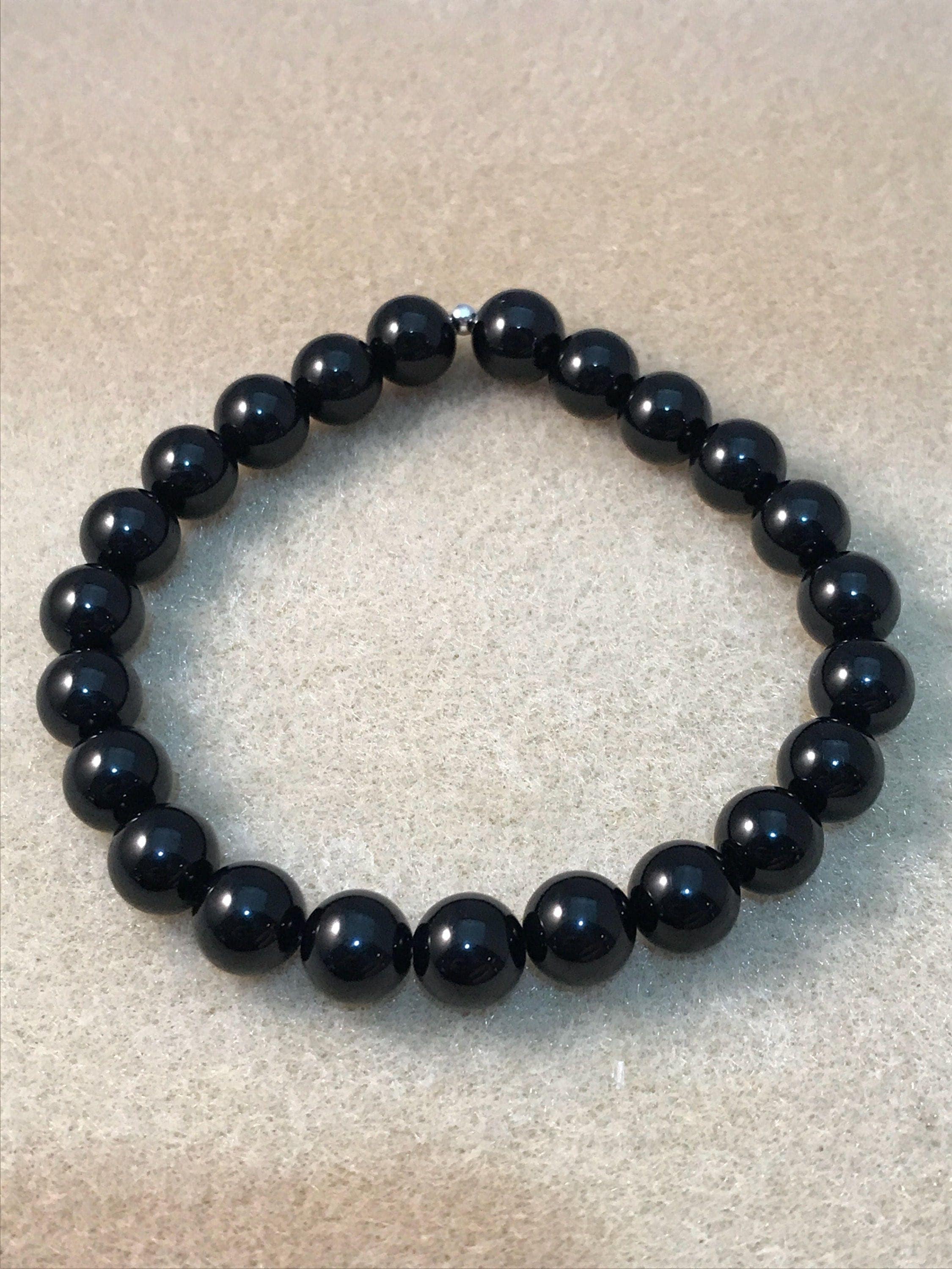 Black Tourmaline 8mm Round Stretch Bead Bracelet with Sterling