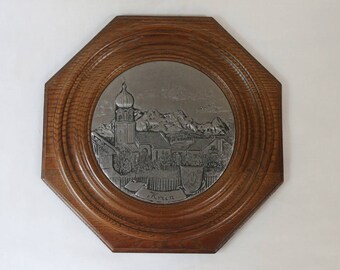 Vintage Pewter and Wood Wall Plaque of Krun, Germany. Hand made. Echt Zinn Relief.