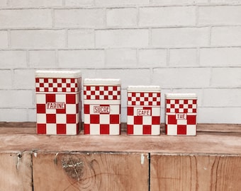 French Canister Set | Vintage | French Country | Cottage Style | Kitchen Decor | Red + White