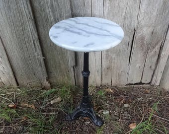 Vintage French Heavy Small Bistro Like Side Table Marble Cast Iron circa 1970-80's / English Shop