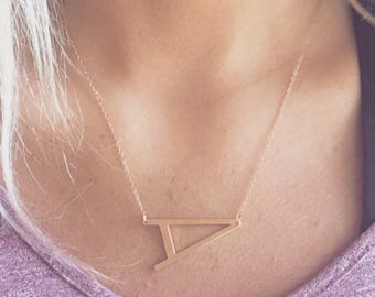 Rose Gold Sideways Initial Necklace - Large Initial Necklace - Letter Necklace -Layering Necklace - Rose Gold Personalized Letter Necklace