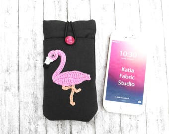 Flamingo Phone sleeve fabric case, Phone wallet with elastic and pocket, personalized phone black with pink flamingo crochet