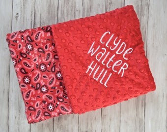 Personalized Minky Baby Blanket, Monogrammed Red Bandana Cowboy Western Blanket with Name Newborn Gift, Gender Neutral, Black, White