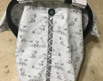 Safari peekaboo carseat canopy, infant carrier cover, baby car seat cover, baby boy, giraffe, jungle, bear, baby girl, elephant