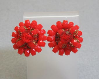 Cheery Cherry Red Beaded Clip On Earrings, Plastic Bead Clip On Earrings
