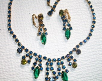 Vintage Rhinestone Parure - Necklace, Earrings, Blue Green
