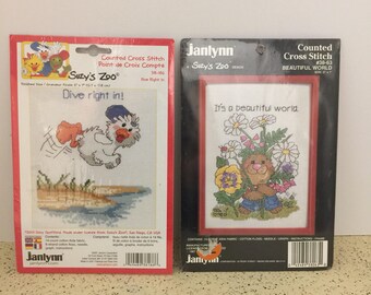 Lot of 2 Jannlyn Suzy's Zoo Counted Cross Stitch Kits "Beautiful World" and "Dive Right In"