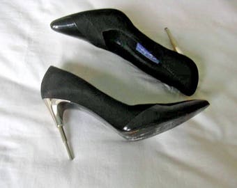 mugler thierry suede heel pumps patent heels trim metal silver
